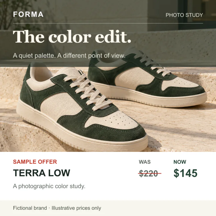 Square ad layout for FORMA, a fictional sneaker brand: a photo of green and cream sneakers under the headline “The color edit.” with a sample price.