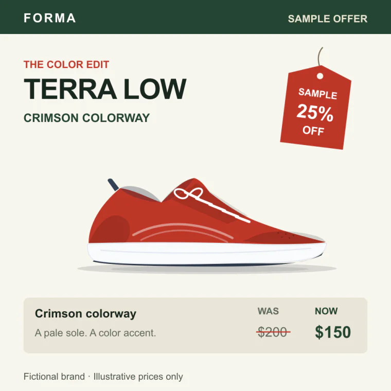 Square ad layout for FORMA: a red sneaker with a sale tag and a sample price.