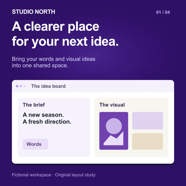 Square ad layout for Studio North, a fictional software brand: a violet card with the headline “A clearer place for your next idea.”