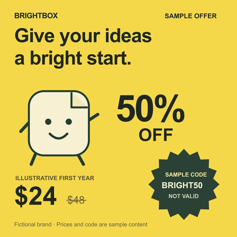 Square layout study for Brightbox, a fictional brand: a yellow poster with a smiling paper mascot, “50% off” and a sample price.