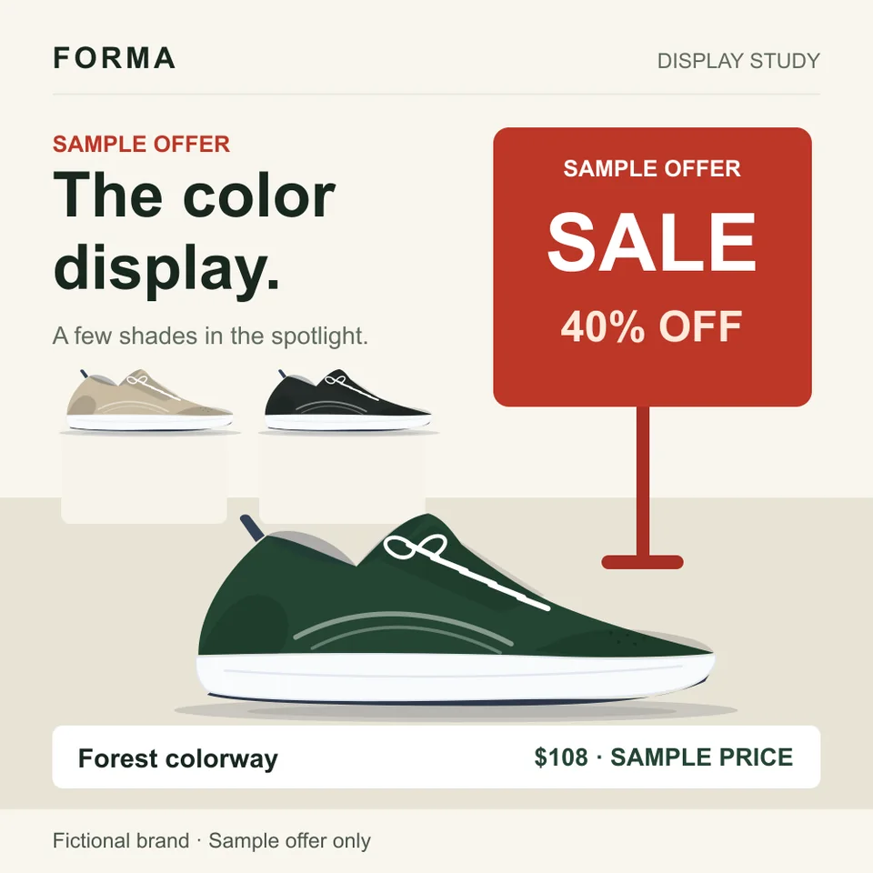Square layout study for Forma, a fictional sneaker brand: a red “Sale, 40% off” sign above a sneaker on a display, with a sample price.