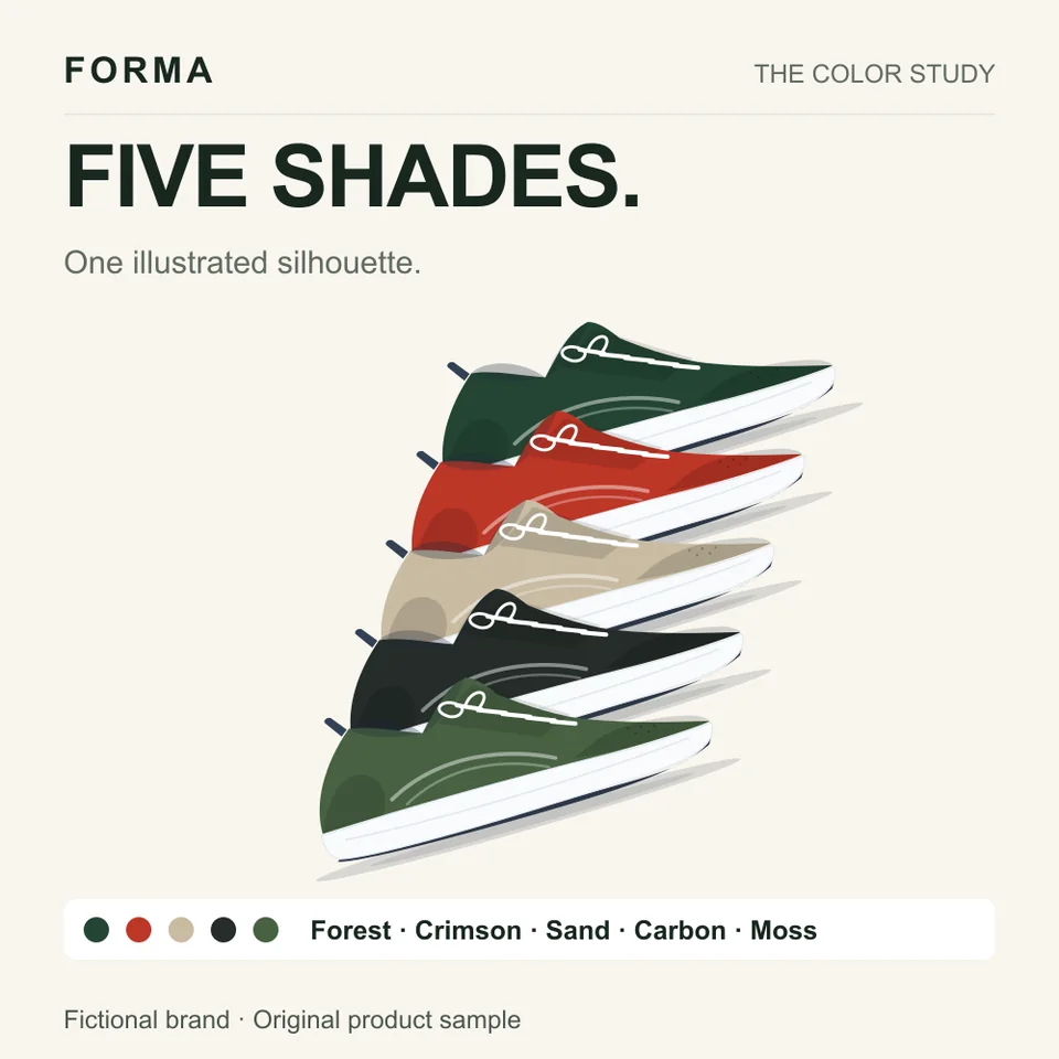 Square layout study for Forma, a fictional sneaker brand: five sneakers in five colours, stacked under the headline “Five shades.”