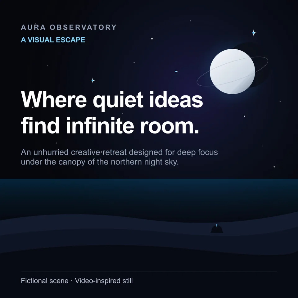 Square layout study for Aura Observatory, a fictional retreat: a ringed planet over a dark horizon under the headline “Where quiet ideas find infinite room.”