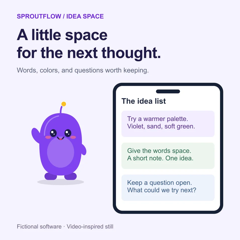 Square layout study for Sproutflow, a fictional app: a purple mascot beside a phone with a short idea list, under the headline “A little space for the next thought.”