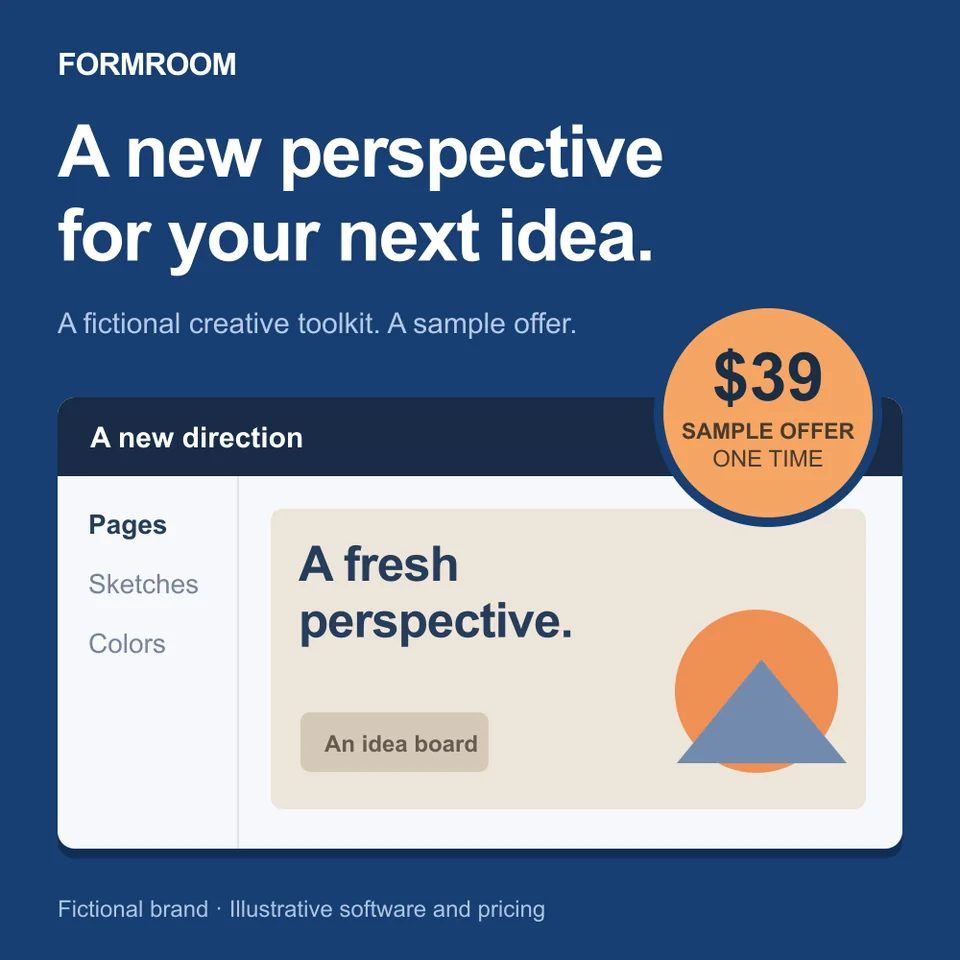 Square layout study for Formroom, a fictional toolkit: a blue layout with the headline “A new perspective for your next idea.” and a sample-offer badge.