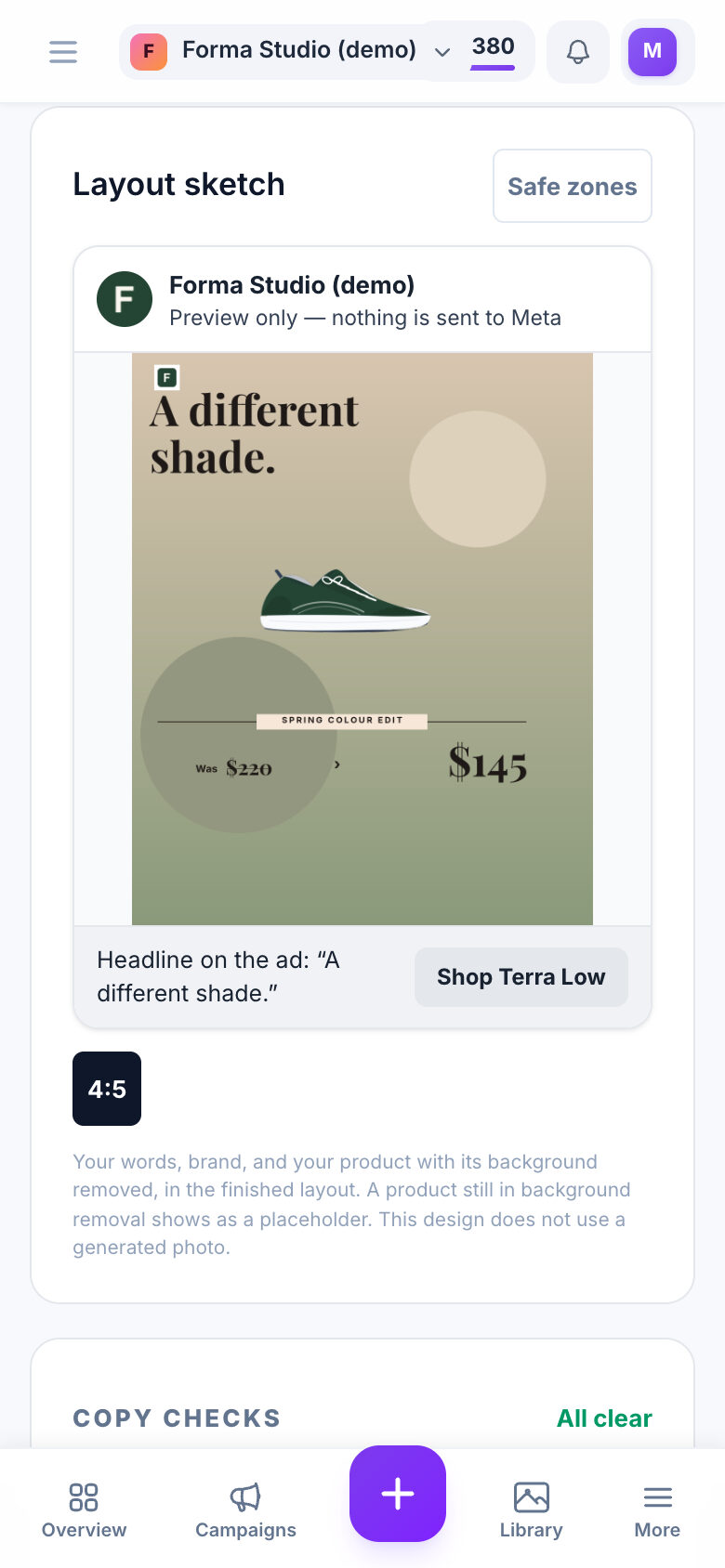 Screenshot of the Image Ads studio on a phone: a preview of a 4:5 ad under the headline “A different shade.”