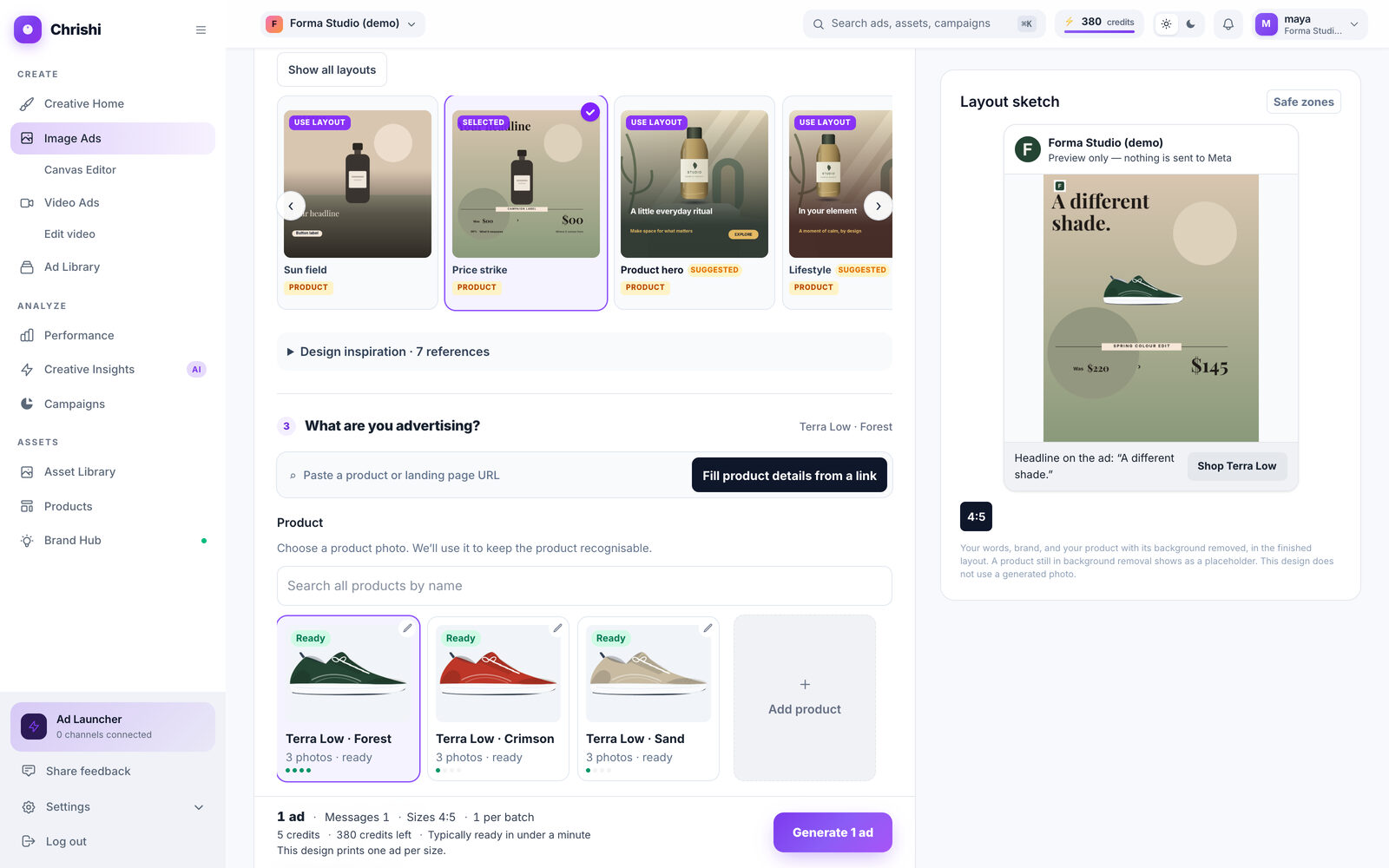 Screenshot of the Image Ads studio with the layout picker, a live sketch of the ad being made and the product choices
