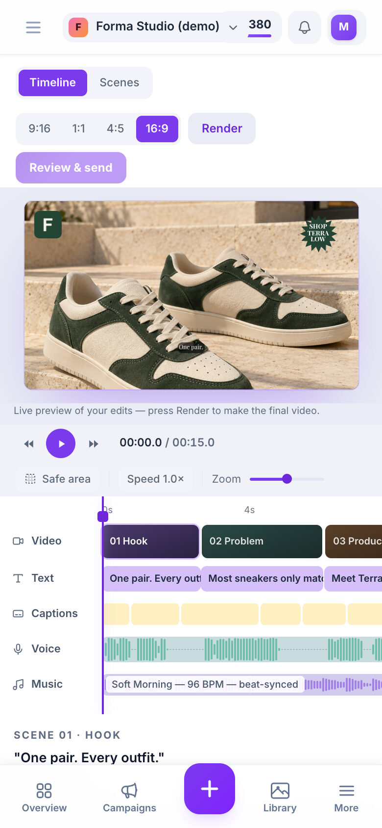 Screenshot of the Timeline Editor on a phone: the preview, the play controls and tracks for video, text, captions, voice and music