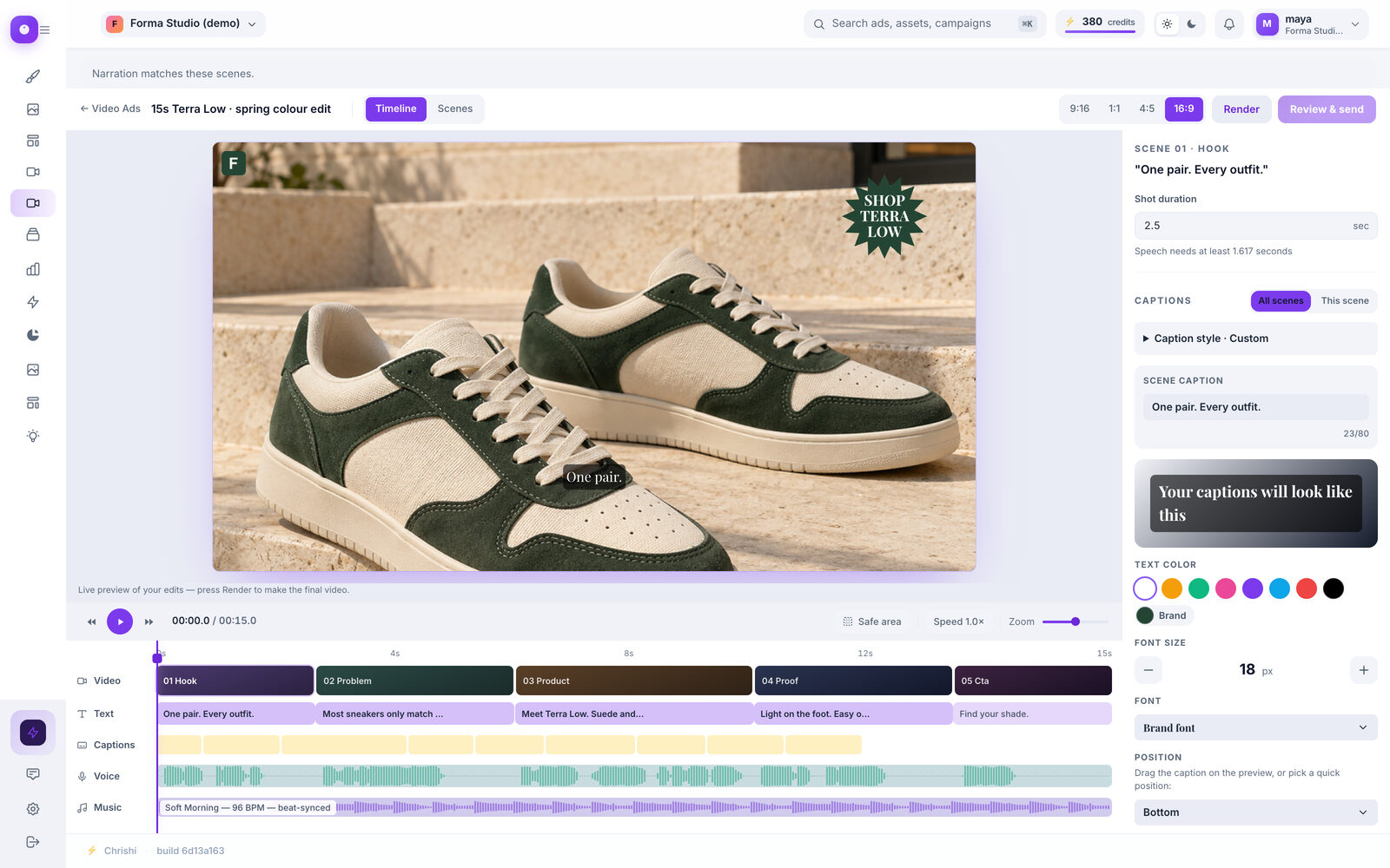Screenshot of the Timeline Editor with a five-scene video project: a live preview and tracks for video, text, captions, voice and music