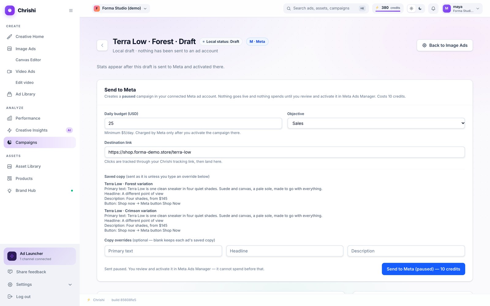Screenshot of the Send to Meta card on a campaign draft: daily budget, objective, destination link, the saved copy for two ads, optional copy overrides and the Send to Meta (paused) button