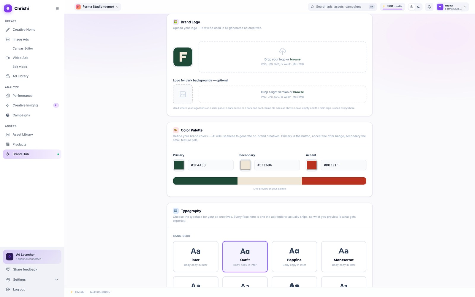 Screenshot of Brand Hub: a logo upload area with the Forma logo in place, and the colour palette with a primary, a secondary and an accent colour