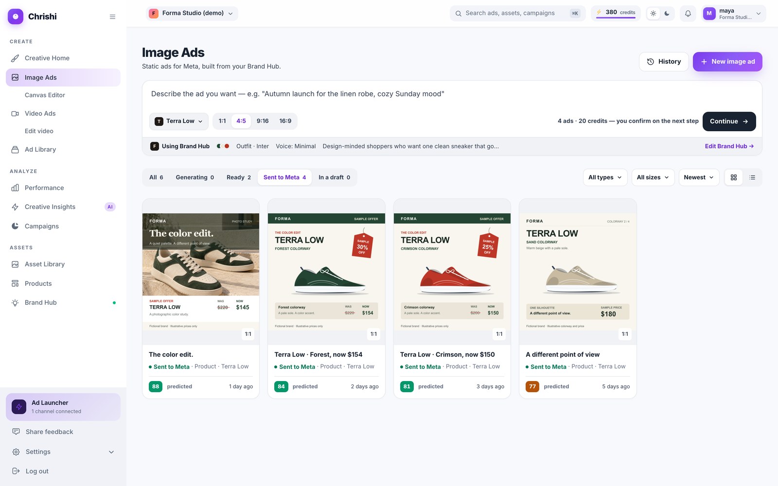 Screenshot of the Image Ads library on its Sent to Meta tab: four ads, each marked Sent to Meta, with its product and prediction score